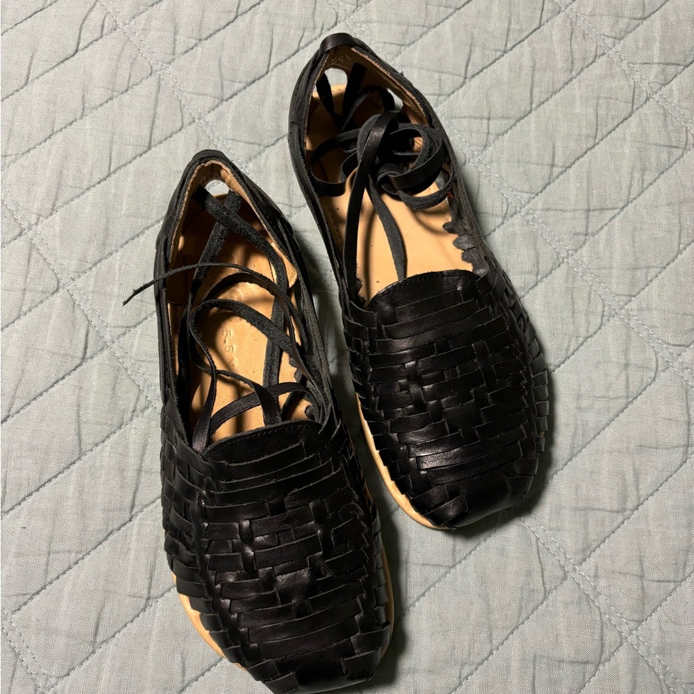 Origo Shoes The Huarache Wide by Anya Black Woven Leather Flats